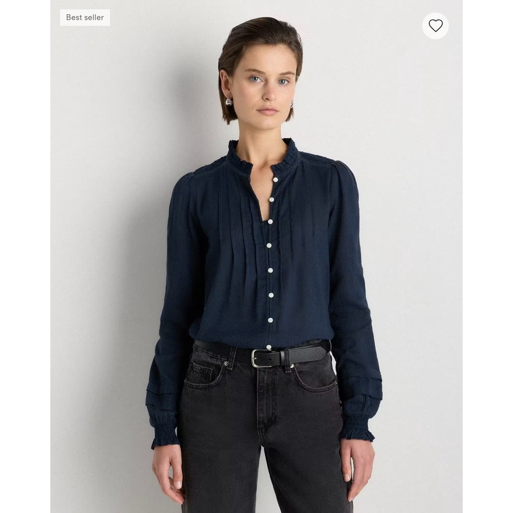 Quince Organic Textured Cotton Peasant Blouse Top Navy Blue Medium